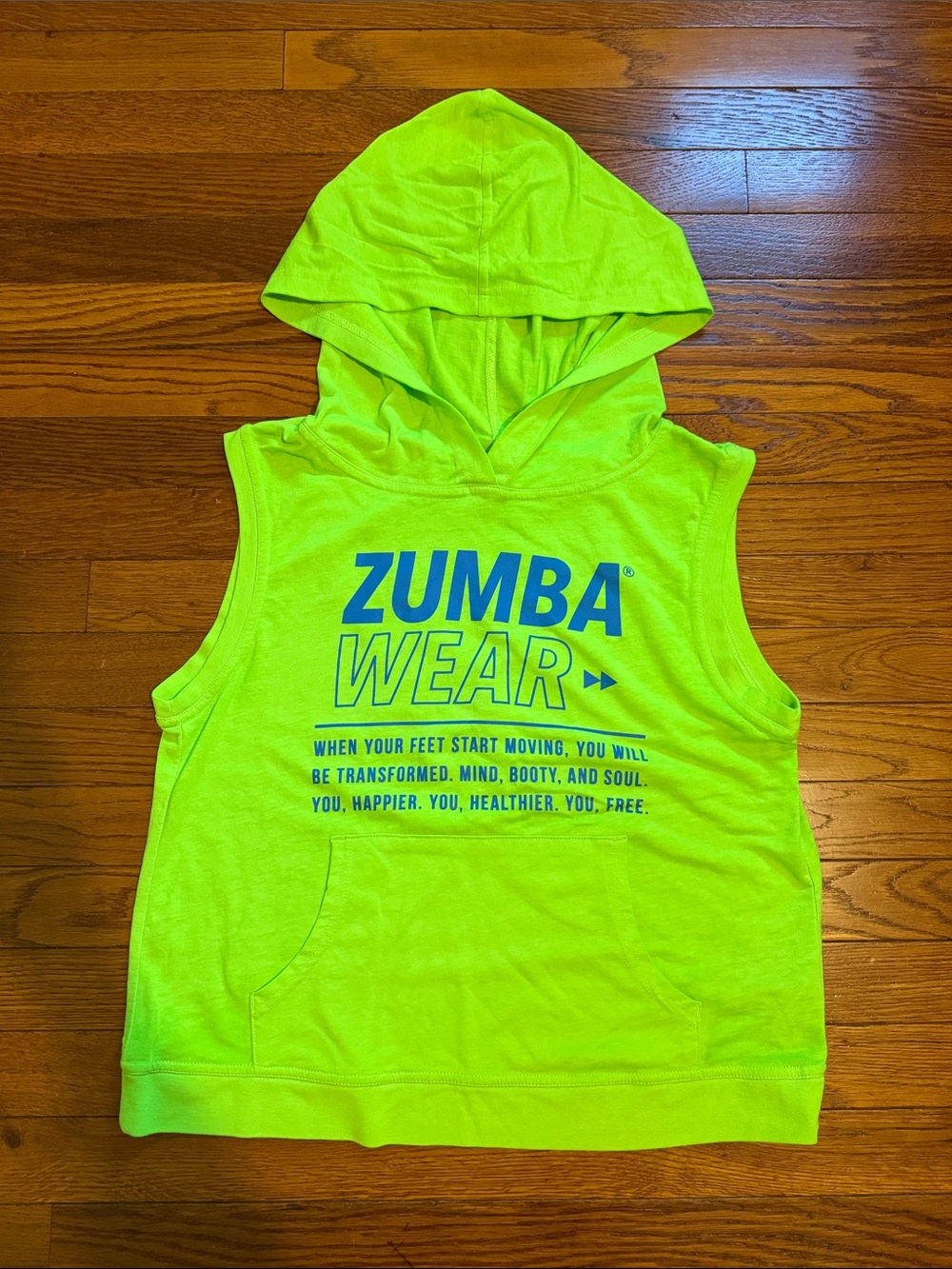 Zumba Fitness Neon Green Sleeveless Hoodie with Blue Logo